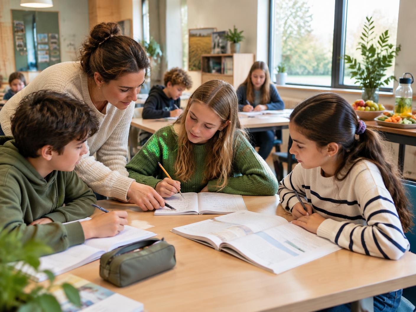 Begeleider helpt leerlingen bij het maken van hun opdrachten tijdens de vakantieschool